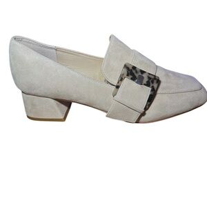 Deltan Veronica suede loafer pump with a tortoise shell buckle,  block heel.